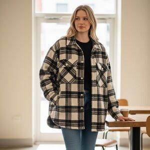 Blank NYC Cream and Black Plaid Shacket Jacket